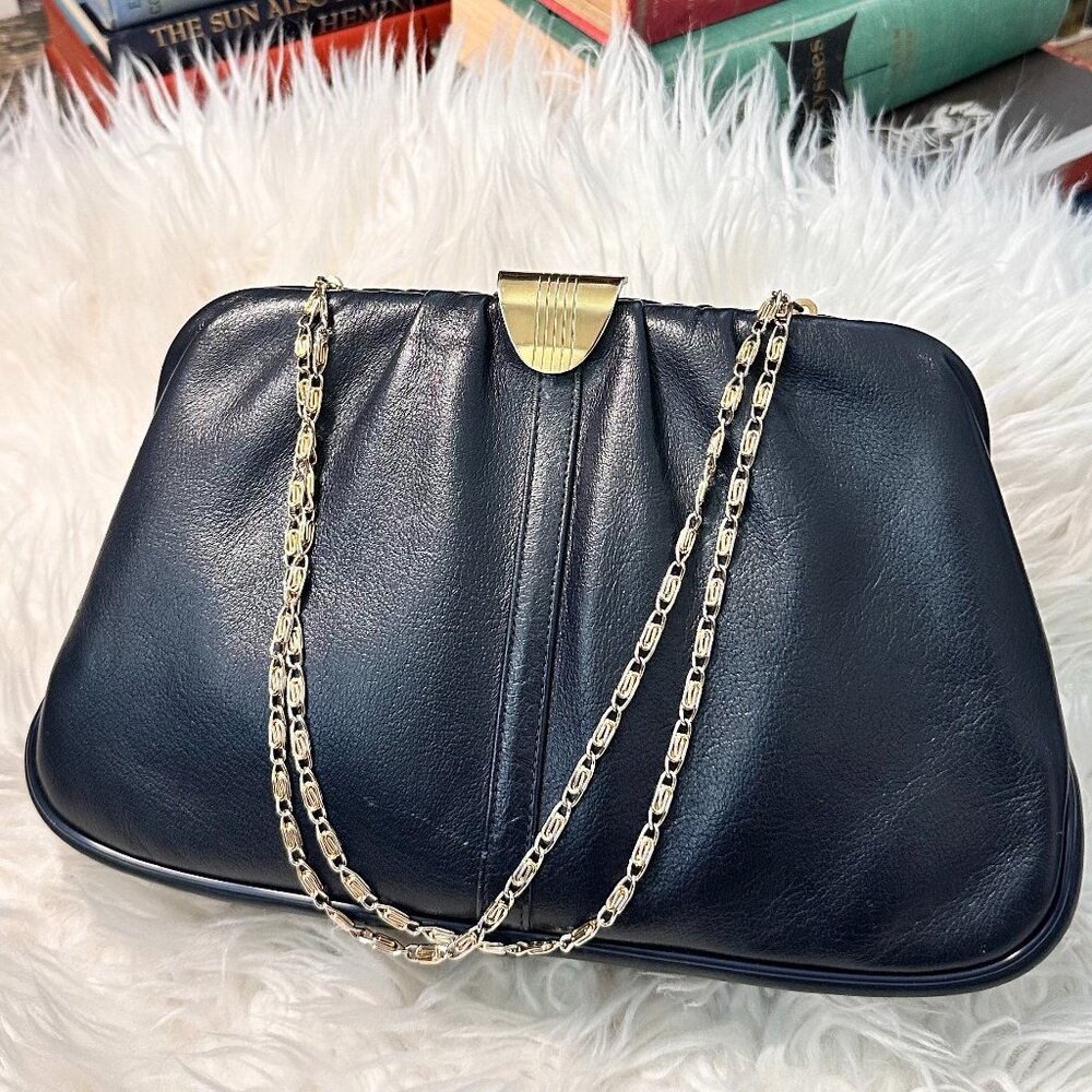Vintage ETRA Genuine Leather Clutch Bag Purse Midnight Blue Navy Gold Chain 60s